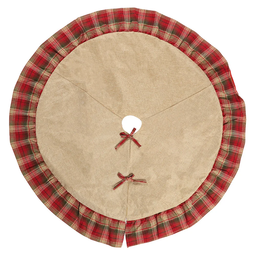

1Pc New Linen Plaid Side Christmas Tree Skirt 120CM Round Tree Bottom Bow Apron Rug Christmas New Year Scene Decorations