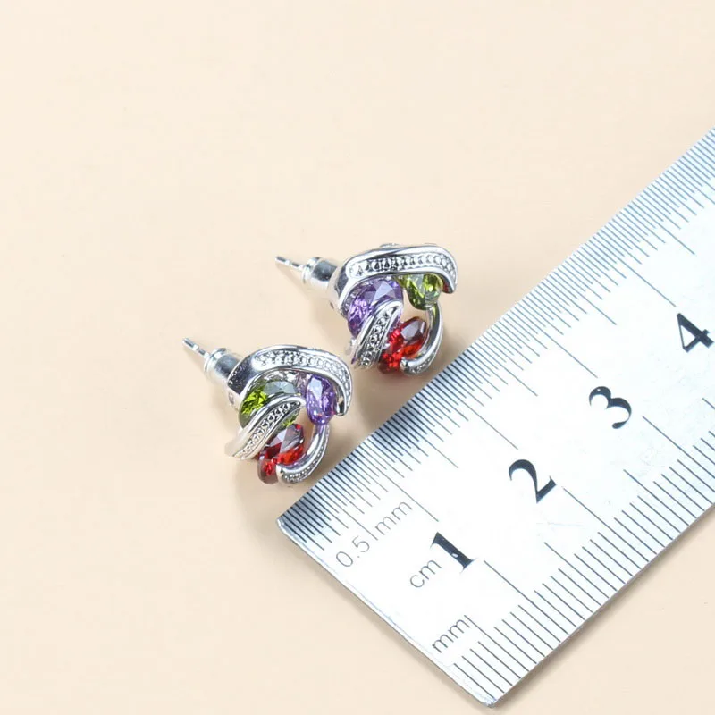 Colorful Stone Silver Color 925 Silver Wedding Jewelry Sets For Women Stud Earrings Necklace Bracelet And Ring Bridal Sets bridal jewelry sets