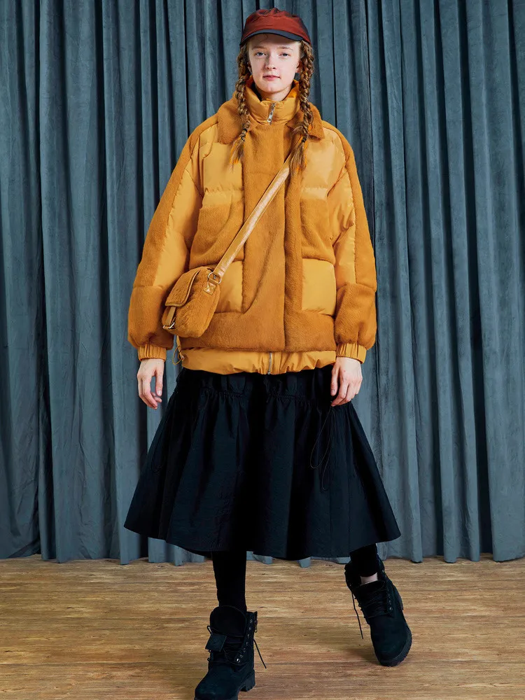 

11.11 Original Design AIGYPTOS Winter Women Oversized Warm Artificial Fur Patchwork Casual Ultra Loose Yellow Short Down Jacket