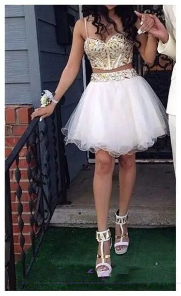 2020 Cheap Two Piece Ball Gown Homecoming Dresses With Gold Beaded Straps Tulle White Short Prom Dress Sweet 16 Gown