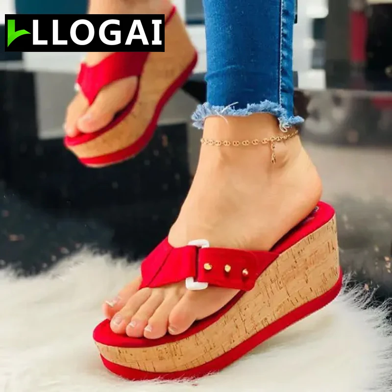 Sandalias de cuña con suela de corcho para mujer, informales de playa, sandalias con plataforma - AliExpress