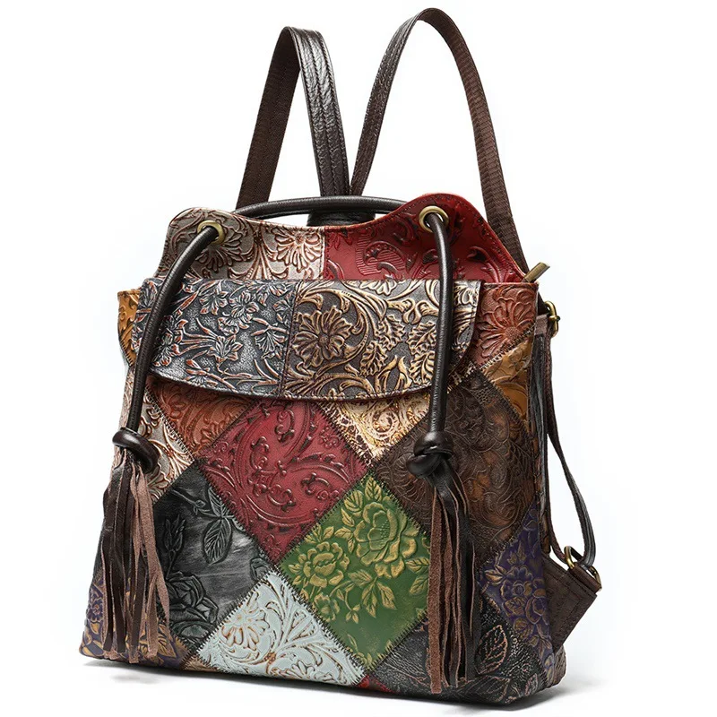 

New Genuine Leather Cool Female Bag Fashion Large Capacity Multi-function Backpack Cow Leahter Fringed Embossed Shoulder Bag
