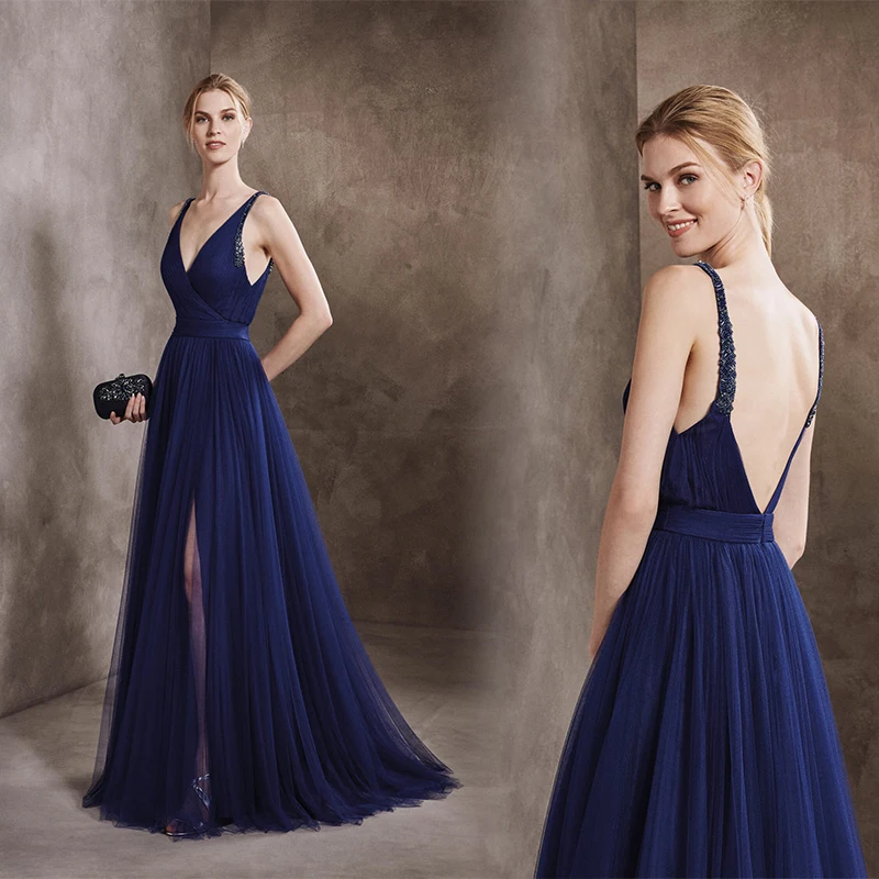 BacklakeGirls Vestidos De Grado темно-синее Тюлевое вечернее платье с глубоким v-образным вырезом и открытой спиной без рукавов на тонких бретелях