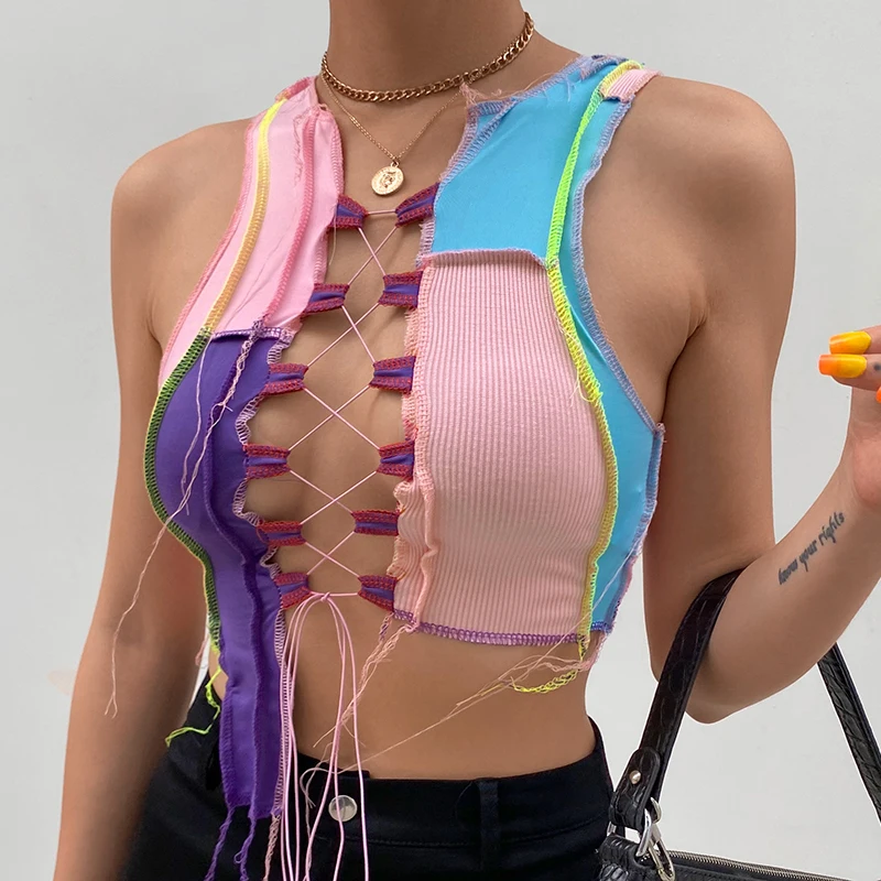 

Color Block Patchwork Camisole Women Sexy Irregular Bandage Cropped Slim Fit Sleeveless Vest Women Elegant Party Club Crop Tops
