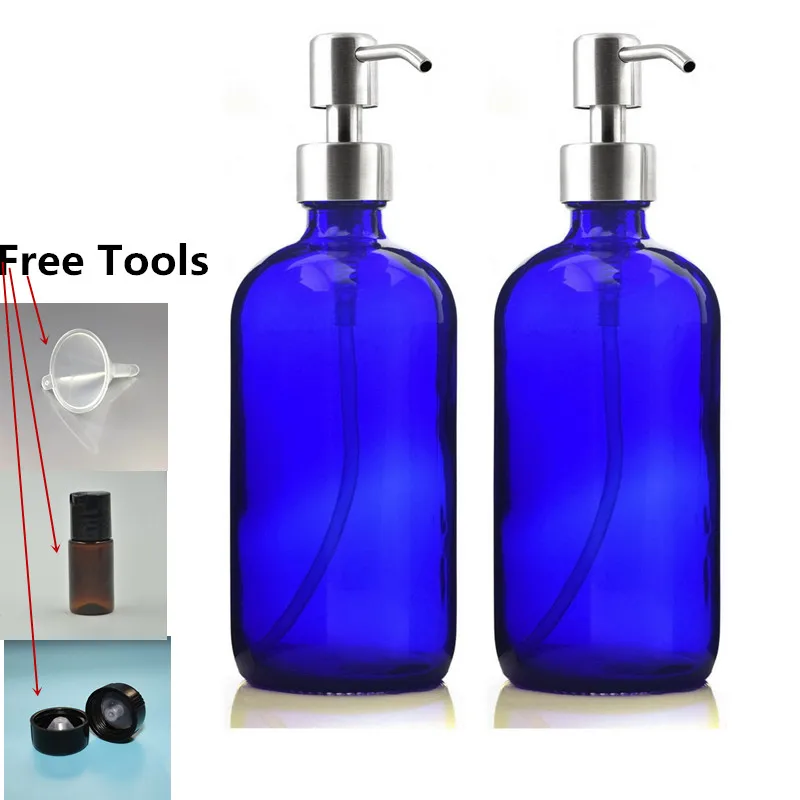 

2 X 500ml Liquid Soap Dispenser 16 Oz Empty Cobalt Blue Glass Bottle w/ Stainless Steel Pump for Hand Sanitizer Homemade Lotions