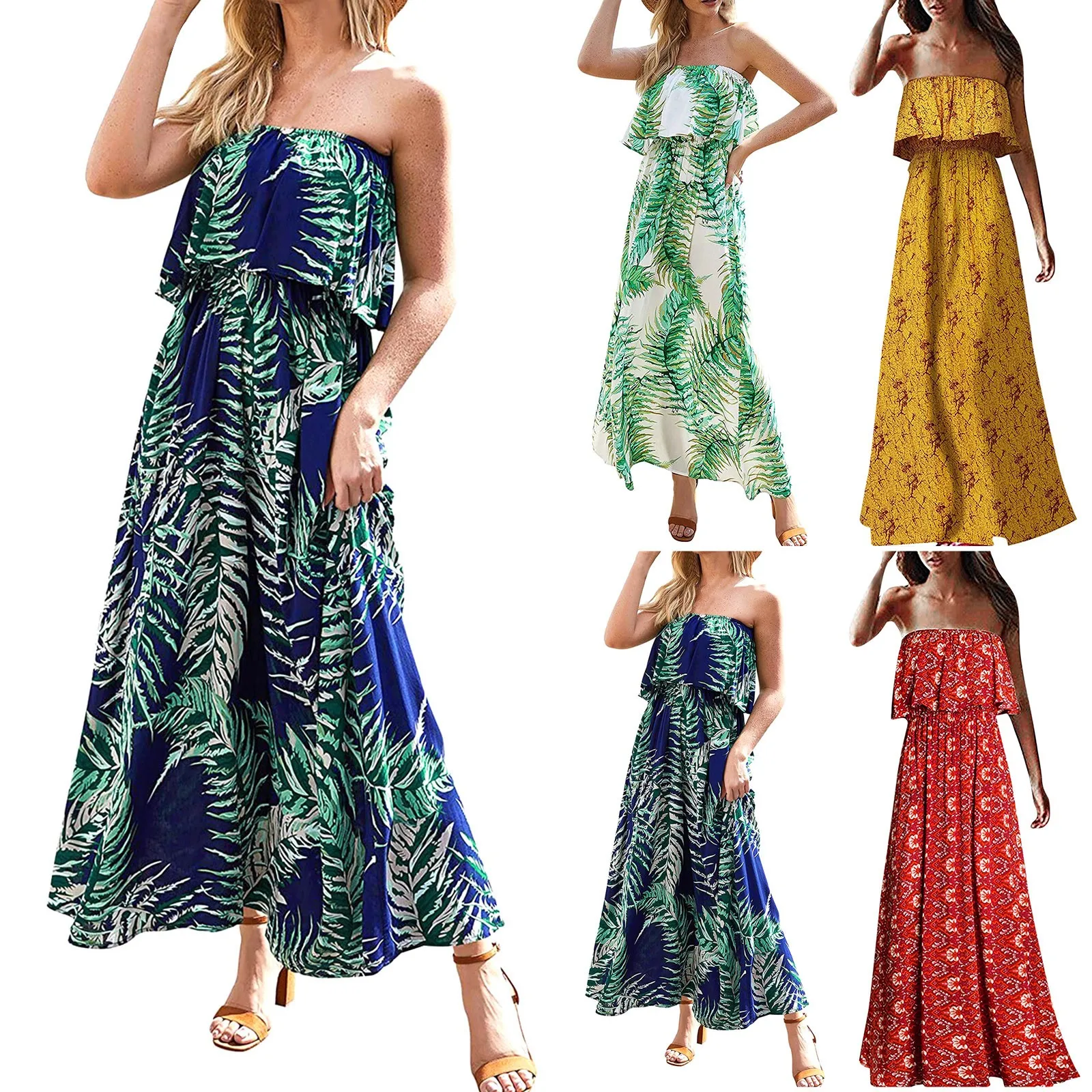 2021 Summer Women Off Shoulder Dress Sexy Tube Top Dress Ruffle Strapless Boho Maxi Printed Long Dress Vintage Vestidos Mujer 1