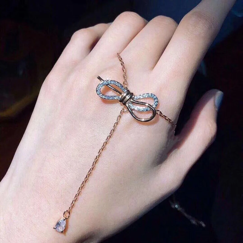 

925 Sterling silver fashion crystal bow necklace Adjustable Long Chain bowknot Pendant gorgeous Teardrop shape silver Choker