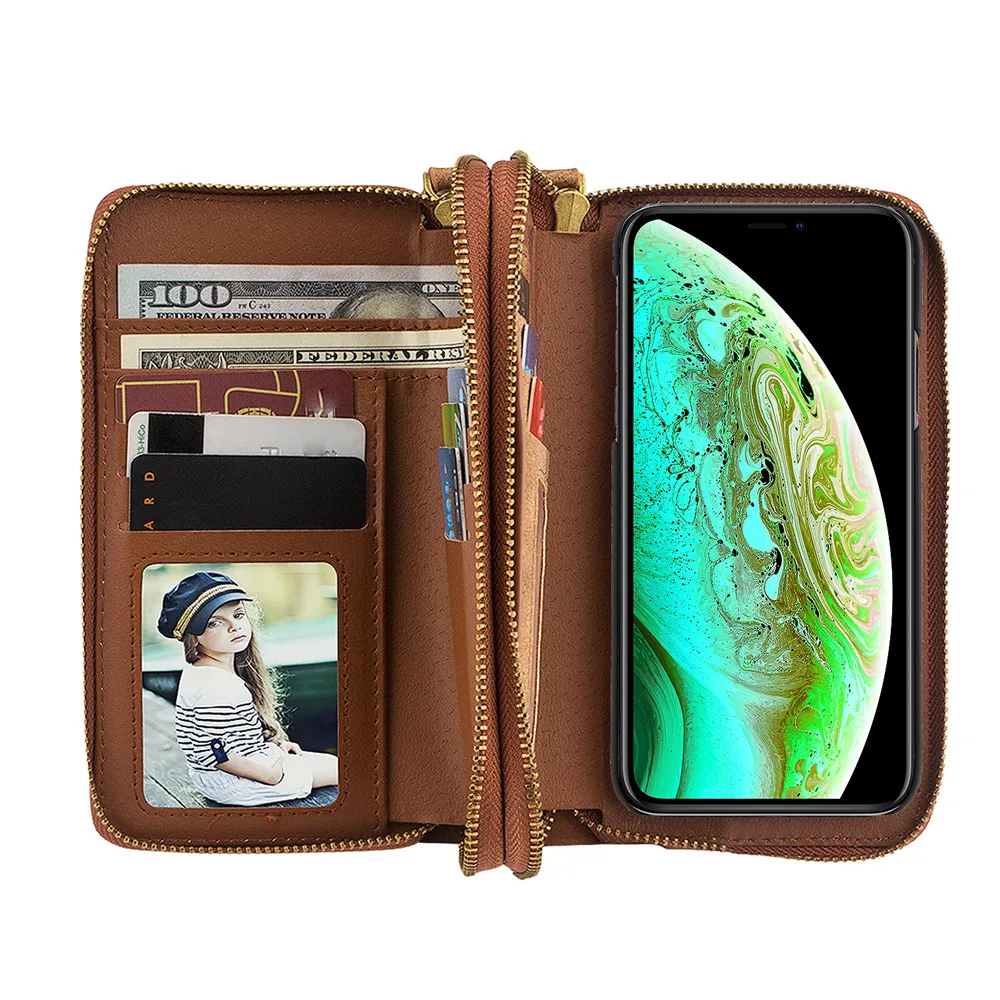 

Luxury Zipper Wallet Case with Detachable Back Cover Card Slots Purses Mirror Case for iPhone 5 5S SE 6 6S 7 8 X XR XS MAX