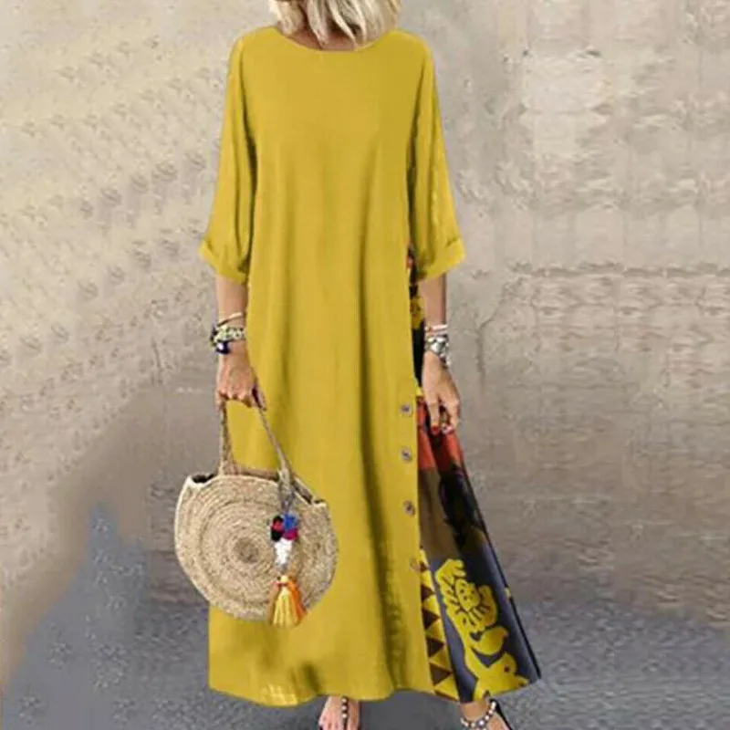 Boho женское платье с коротким рукавом и круглым вырезом с цветочным принтом в стиле печворк свободное женское длинное Макси-кафтан платье большого размера M-5XL - Цвет: Цвет: желтый