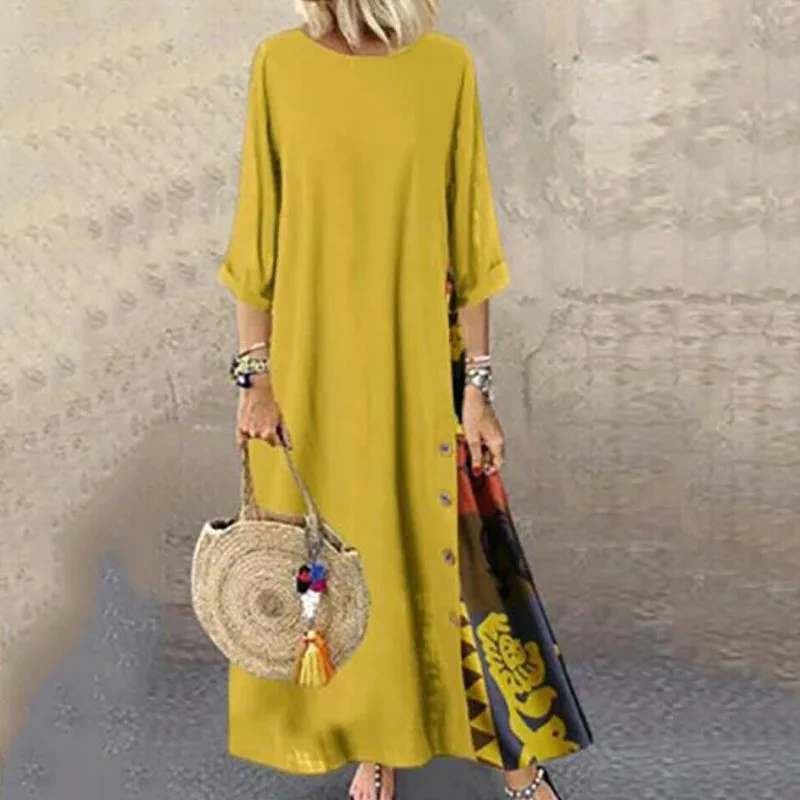 Цвет: желтый Boho женское платье с коротким рукавом и круглым вырезом с цветочным принтом в стиле печворк свободное женское длинное Макси-кафтан платье большого размера M-5XL - Цвет: Цвет: желтый