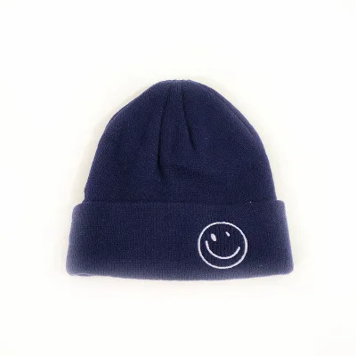 Navy Blue CoolCheer детские вязаные шапки для осенне-зимнего сезона, вязаные детские теплые ветрозащитные наушники со смайликом, одноцветные шерстяные шапка черепки унисекс - Цвет: Navy Blue