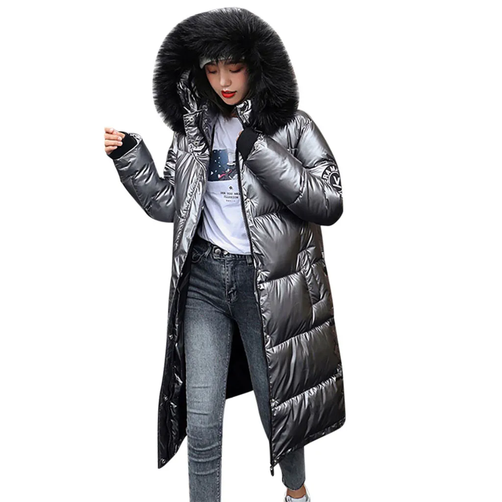 Зимняя парка, пальто, глянцевая куртка, женский пуховик, хлопковые куртки, длинный, с капюшоном, утолщенный, с заплатками, дизайн, модный, свободный, Chaqueta Mujer#3