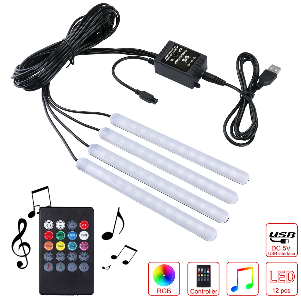 

1 To 4 USB Multicolor Light Car LED Strip Light Music Sensor Multicolor Adjustable Car Footwall Light With Remote Controller