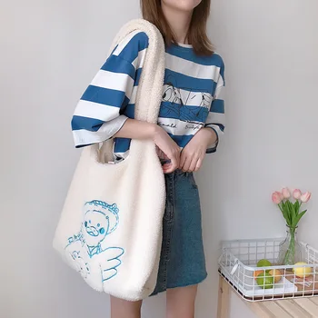 

New Original Design Tote Plush Material Messenger Bag Female Student Large Capacity Shoulder Bags Simple Shopping Handbag