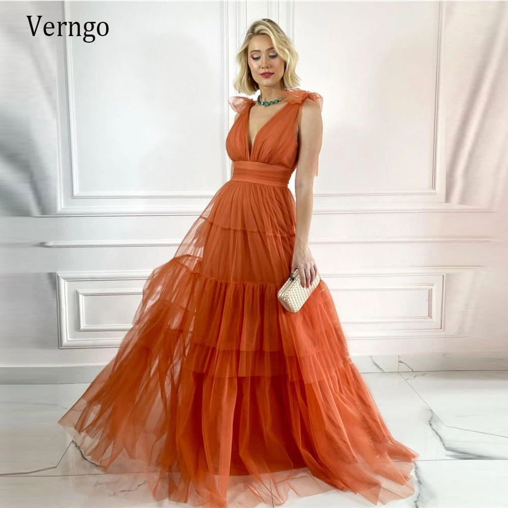 Verngo vestido de fiesta naranja con volantes, falda escalonada con cuello de pico, Espalda descubierta, 2021|Vestidos de graduación| - AliExpress