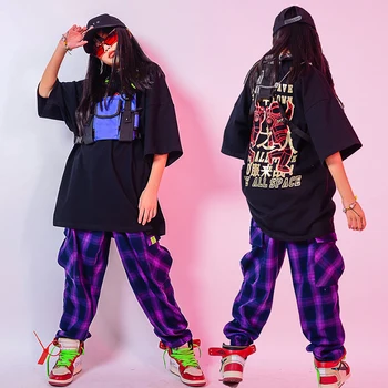 

Hip Hop Costumes Boys Girls Street Dancer Clothes Jazz Dance Performance Wear Loose Black Short Sleeve Purple Plaid Pants DN5786