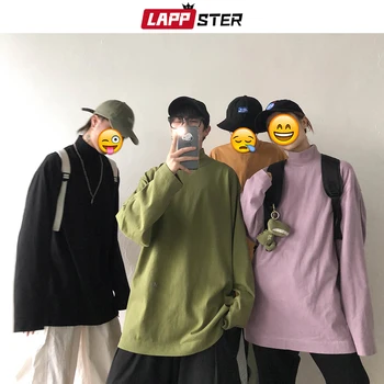 

LAPPSTER Men Half-high Collar Basic T Shirt 2020 Mens Hip Hop Streetwear Harajuku Tshirts Male White Korean Clothes Turtleneck