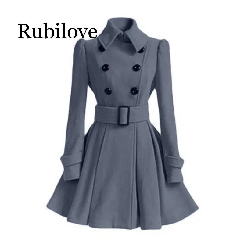 

Rubilove 2019 Autumn Winter Women Overcoat Slim A-Line Solid Sash Double-Breasted Lapel Neck Mid-Long Fashion Warm Trench Coat O