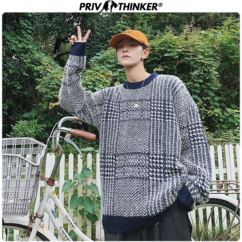 Privathinker, мужские клетчатые вязаные свитера с круглым вырезом, мужские повседневные осенние зимние пуловеры, верхняя одежда, мужские свитера в стиле хип-хоп