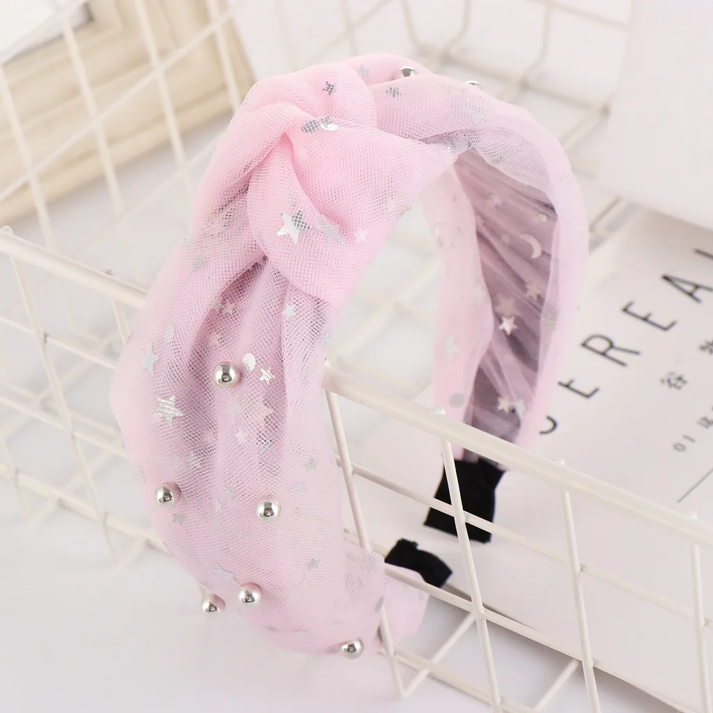 Mesh beaded Star embellishment Women Headband Ladies Wide-side knotted headband hairpin hairpin Elegant Female Hair Accessories