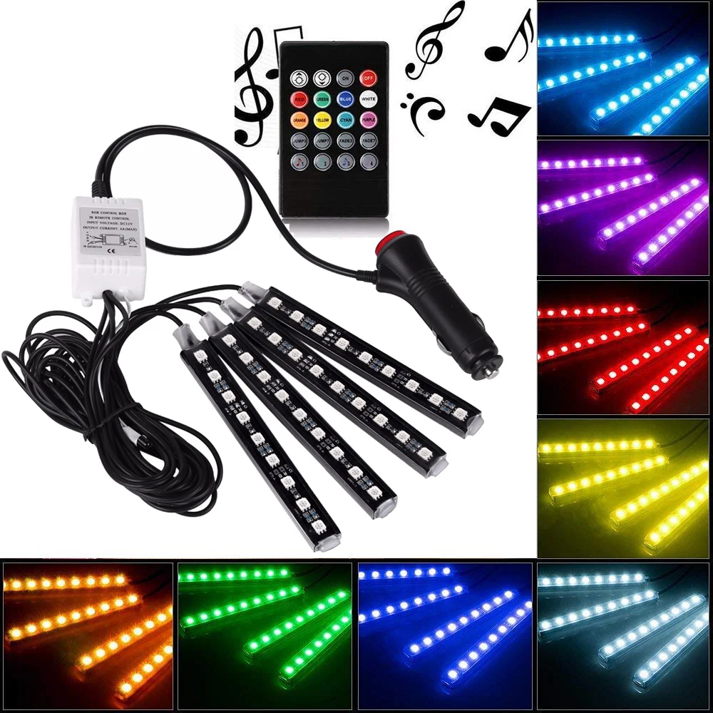

Car RGB LED Music Voice Sound Control Car Interior Decorative Atmosphere Auto RGB Pathway Floor Light Strip Remote Control 12V