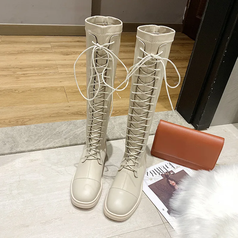 

Lace Up Shoes Autumn Boots Sexy Thigh High Heels High Sexy Booties Ladies Bootee Woman 2019 Round Toe Luxury Designer Shoes