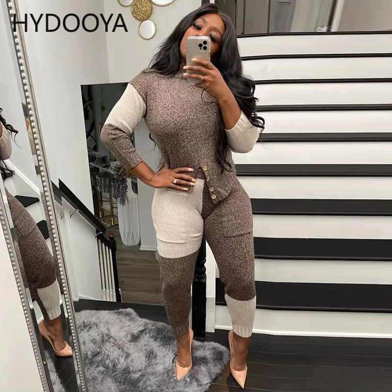 Spring Winter Color Block Two Piece Set Women Long Sleeve Buttons Up Knitted Sweater Top and Stretchy Hight Waist Trousers Suits |