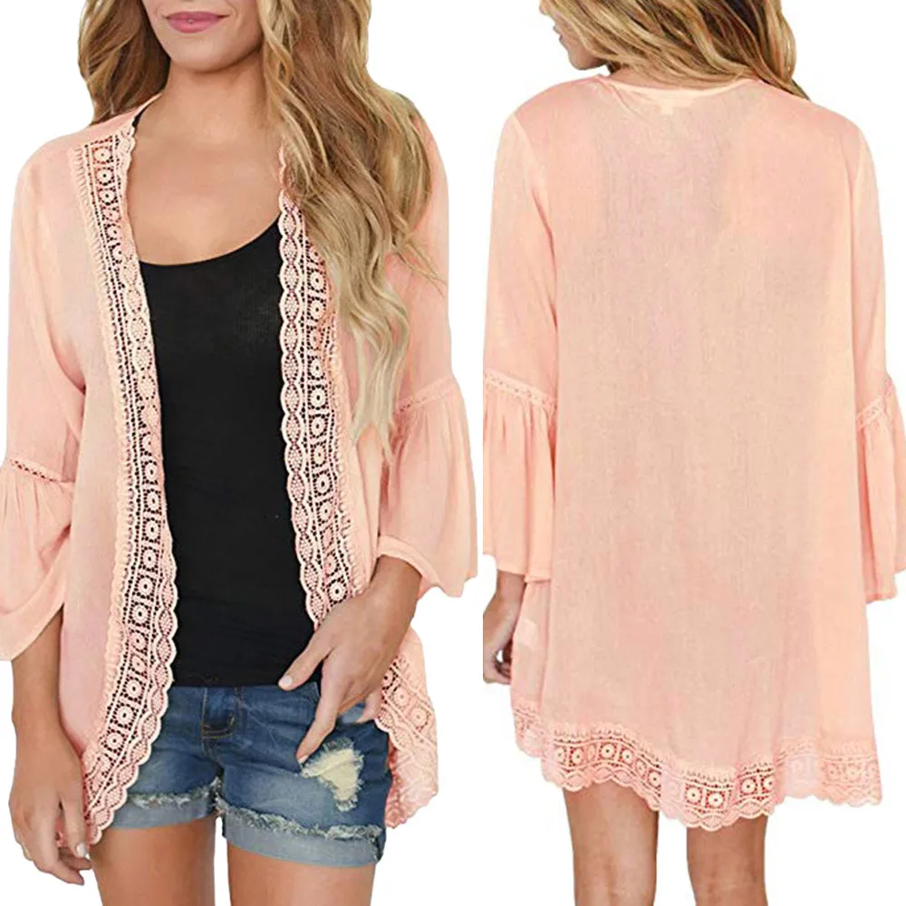 

Casual Womens Blouses Solid Lace Long Sleeve Chiffon Cardigan Loose Kimono Blouse Femme Tops coat Clothes Korean Shirt Elegant