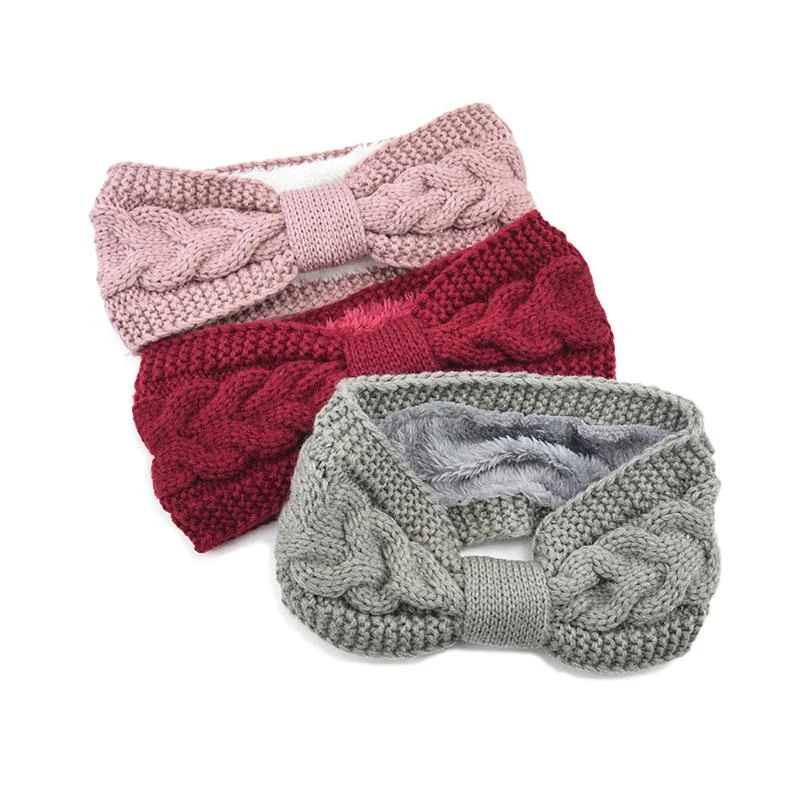 Elegant Warm Knitted Headband For Women Furry Fleece Lined Wide Headwrap Elastic Warmer Ear Crochet Bow Turban Hair Accessories large claw hair clips