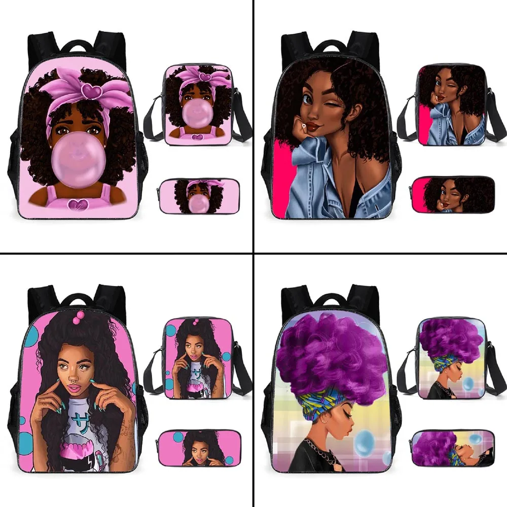 2021 New Cartoon African Girl Three-Piece School Bag Elementary Middle School Students Anime Print Backpack Shoulder Pencil Case