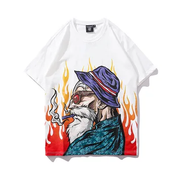 

#1232 Flame And Old Man Print Hip Hop T Shirt Men Short Sleeve Loose Cotton Black White Plus Size Streetwear T-shirt Unisex Tide