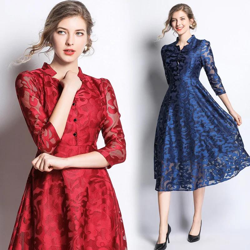 

Ozhouzhan Spring 2019 New Style Slim Fit Slimming Three-quarter-length Sleeve Retro Elegant Lace Mid-length Dress Women's