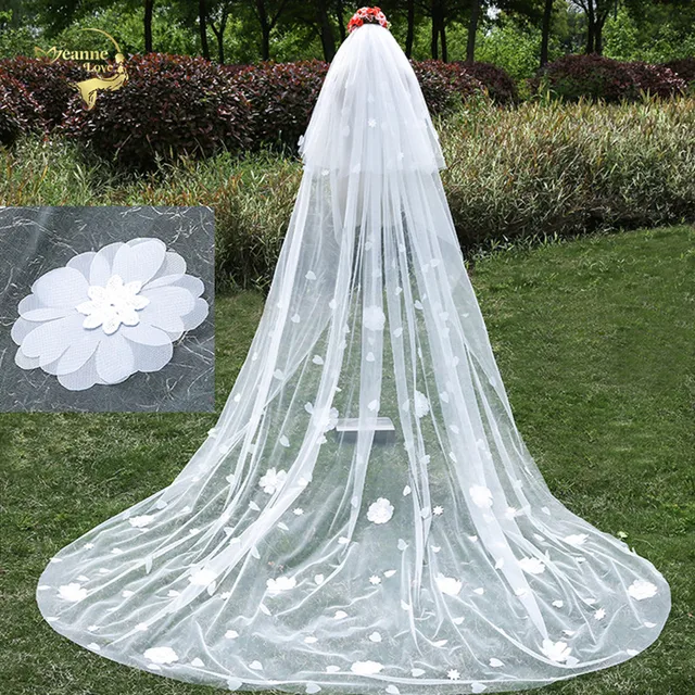 $14.23 Voile Mariage 3 Meter Long Elegant Wedding Bridal Veils White Handmade Flowers Two Layers Tulle Cathedral Wedding Veil With Comb