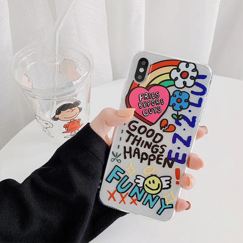 

Rainbow Graffiti Cute Cartoon Phone Case Silicone Clear Cover for iPhone 11 Pro Max X XS Max XR case iphone 8 7 6 6s Plus fundas