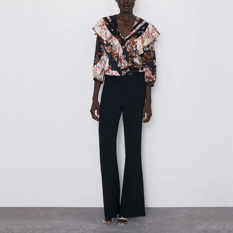 

Summer women's shirt casual flower print ruffled decorative shirt