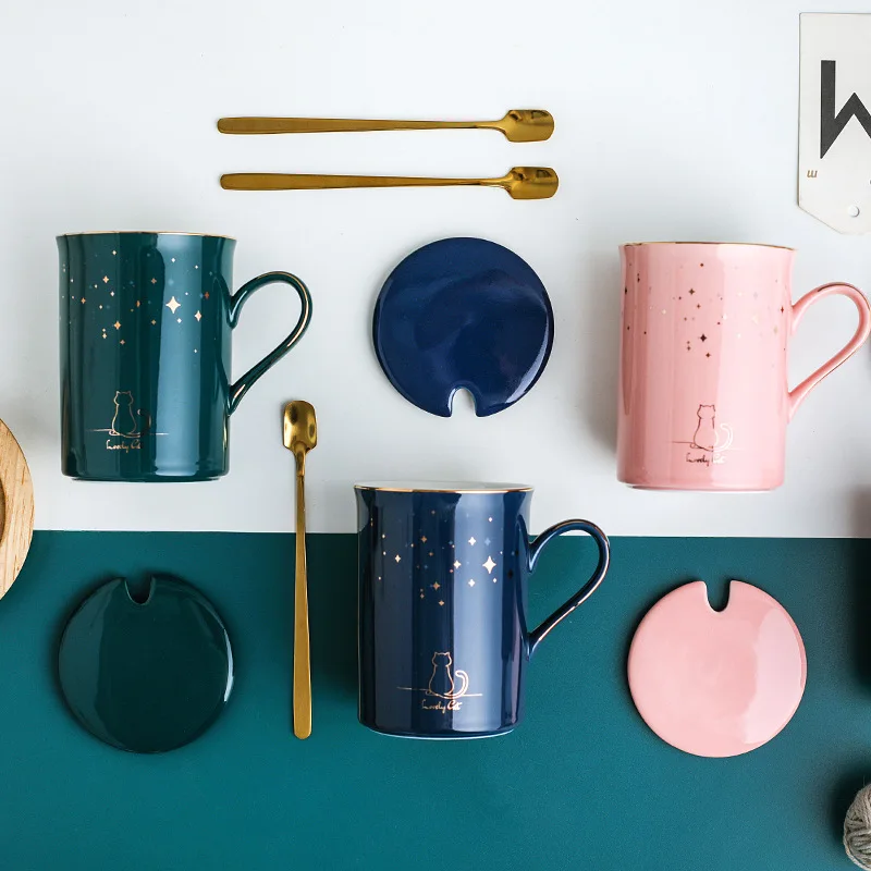 Cat-starry-sky-ceramics-Mug-with-spoon-lid-Vintage-porcelain-mug-Flower-Tea-Set-Coffee-Cup