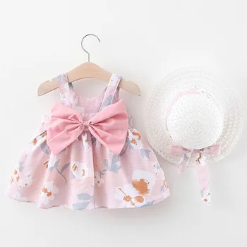

PatPat 2020 New Summer and Spring Baby Adorable Bowknot Decor Dresses with Hat Set Sleeveless Dresses