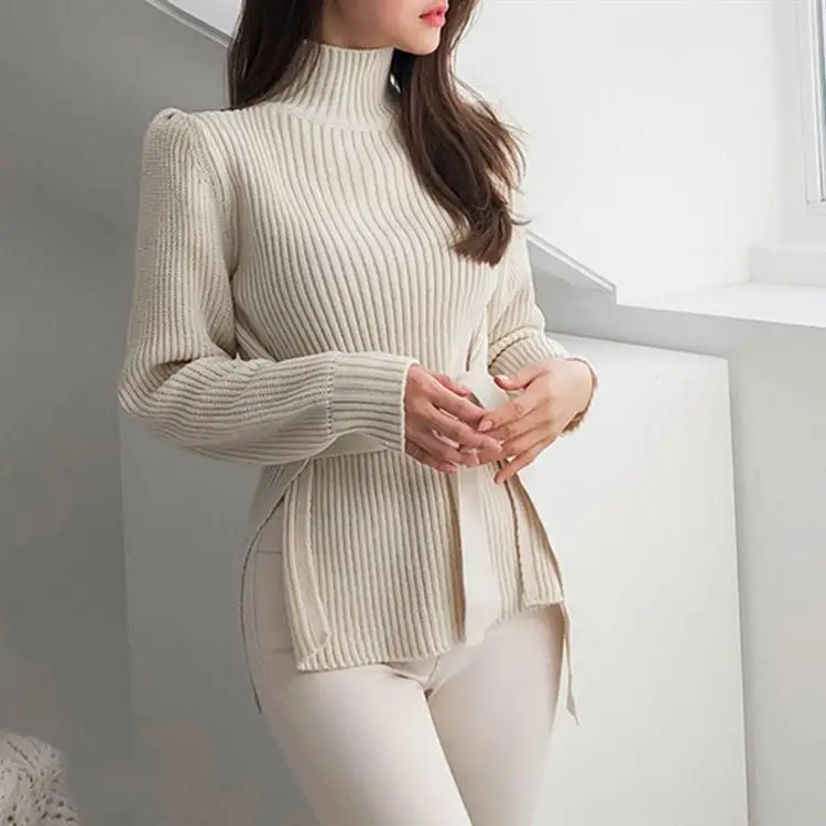 

Women Turtleneck Solid Pullovers Spring Autumn Female Knitted Sweater Casual Long Sleeve Lace-Up Slim Sweaters