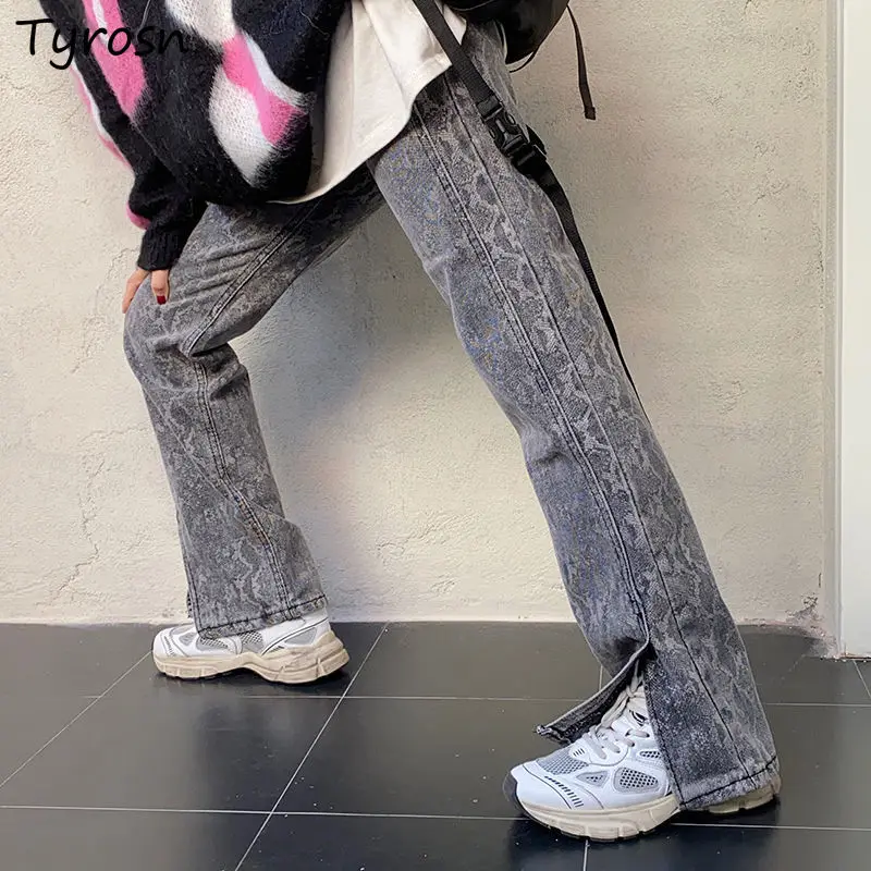 

Flare Side Split Jeans Loose BF Streetwear Chic Students All-match Hip Hop Fashion New Vintage Women Mopping Pattern Leisure Ins