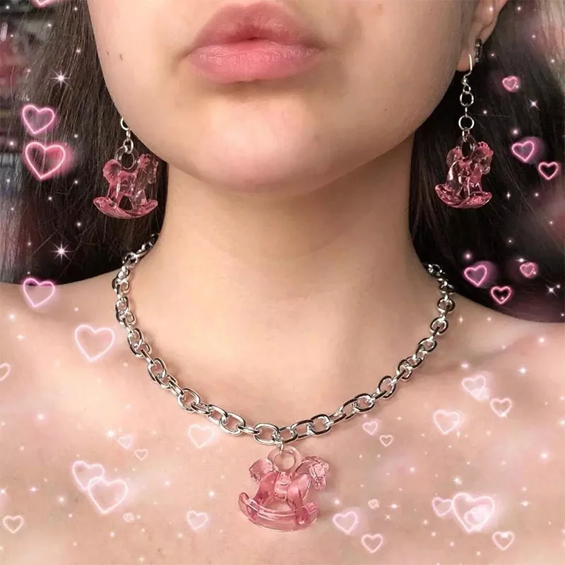 

Ins Fashion Acrylic Animal Choker Necklace for Women Stainless Cuban Chain Cute Unicorn Heart Pendant Colorful Necklaces Jewelry