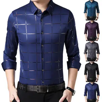 

Plus Size Men Casual Long Sleeve Turn Down Collar Checks Buttons Slim Shirt