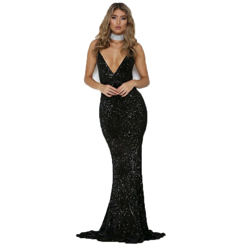 

2019 NEW Summer Deep V Neck Padded Sequin Maxi Dress Floor Length Bodycon Stretch Backless Dress Long Lining Club Dress