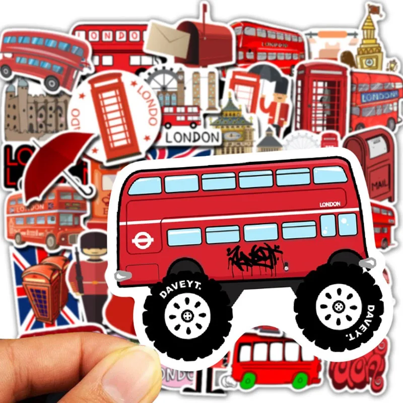 50Pcs England British Transport London Bus Telephone Booth Decorative Stickers Phone Laptop Scrapbook Luggage Bags Accessories