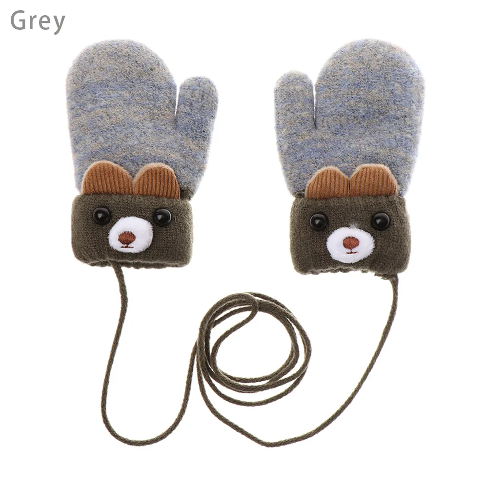 grey Новые детские перчатки с милым медведем из мультфильма для детей от 0 до 3 лет, зимняя вязаная шерстяная одежда, теплые бархатные варежки для новорожденных - Цвет: grey
