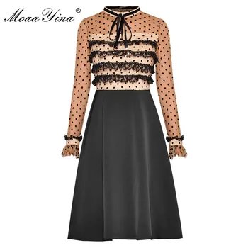 

MoaaYina Fashion Designer dress Spring Summer Women's Dress Long sleeve Lace Patchwork Mesh Dot Dresses
