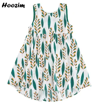 

Bohemian Print Leaf Asymmetrical sleeveless Knee Length Dress Girls 4-11 Age Summer Criss Cross Backless Tuxedo Dresses Children