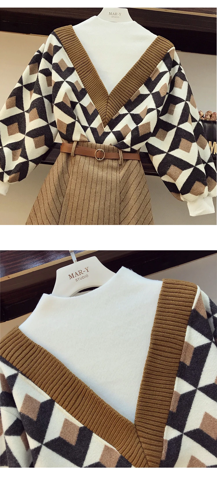 Женская мода V образный геометрический Половина Водолазка; свитер+ с высокой талией, в полоску комплект с мини-юбкой осенние пояса комплект из 2 предметов