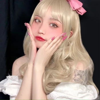 

MEIFAN Lolita Anime Cosplay Wig Synthetic Big Wave Long Curly Hair Natural Fluffy Blonde Hair Girl Daily Wig with Bangs