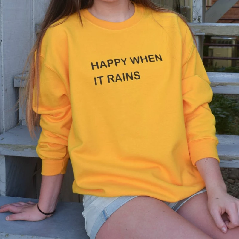Sudadera otoño para mujer feliz cuando llueve Tumblr dice otoño Casual suelta sudadera Streetwear amarillo azul|Sudaderas con capucha y - AliExpress