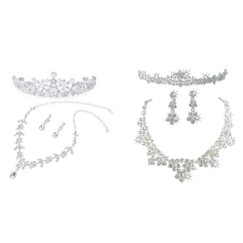 

Necklace and Earrings Rhinestone Diadem for Bridal Wedding & Elegant Wedding Tiara + Earring + 3 Necklace Set Rhinestone Wedding